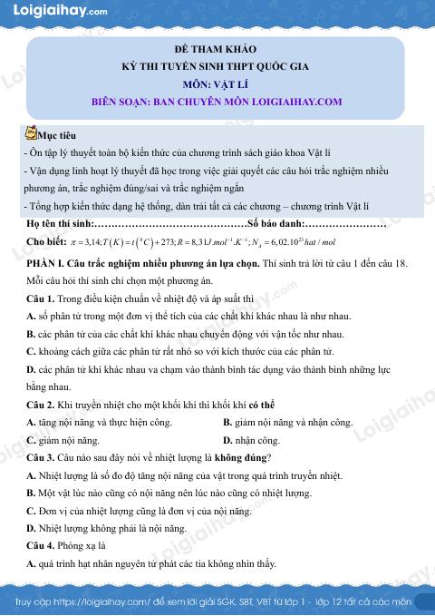 Đề tham khảo thi Vật lí THPT (Đề số 6) - có lời giải chi tiết